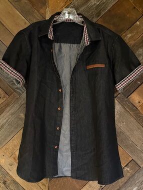 Men's Black Short-Sleeve Button-Down Shirt with Plaid Trim